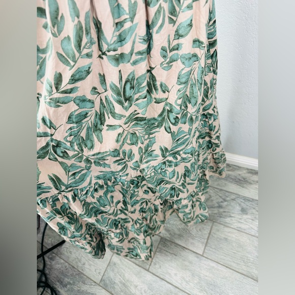 Dress Forum Los Angeles Beige Leaf Print Smocked Tiered Tie Knot Straps Dress - Picture 5 of 8